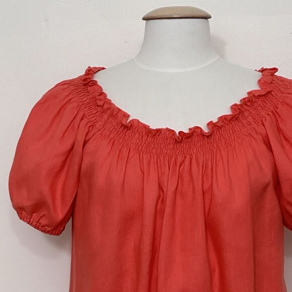 Neiman Marcus Exclusive Womens Top 10 Coral Linen Peasant Beachy Cottagecore‎ - Picture 2 of 16